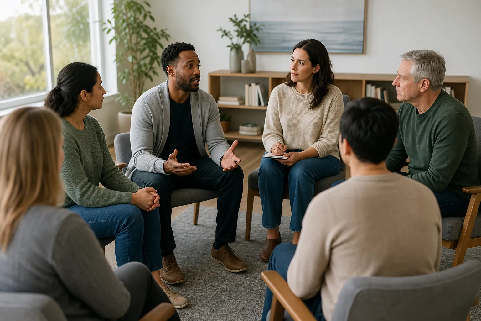 Six adults sit in a circle as a man gestures while speaking and a woman holds a notebook. Six adults sit in a circle as a man gestures while speaking and a woman holds a notebook.