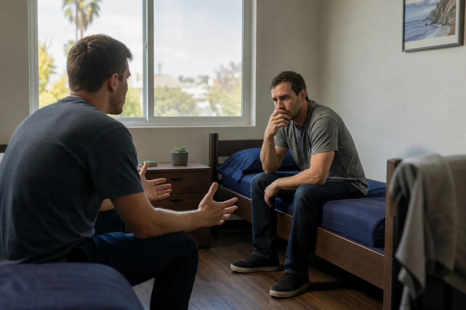 Two men sit on separate beds in a shared bedroom, one gesturing while the other listens with a hand near his mouth.