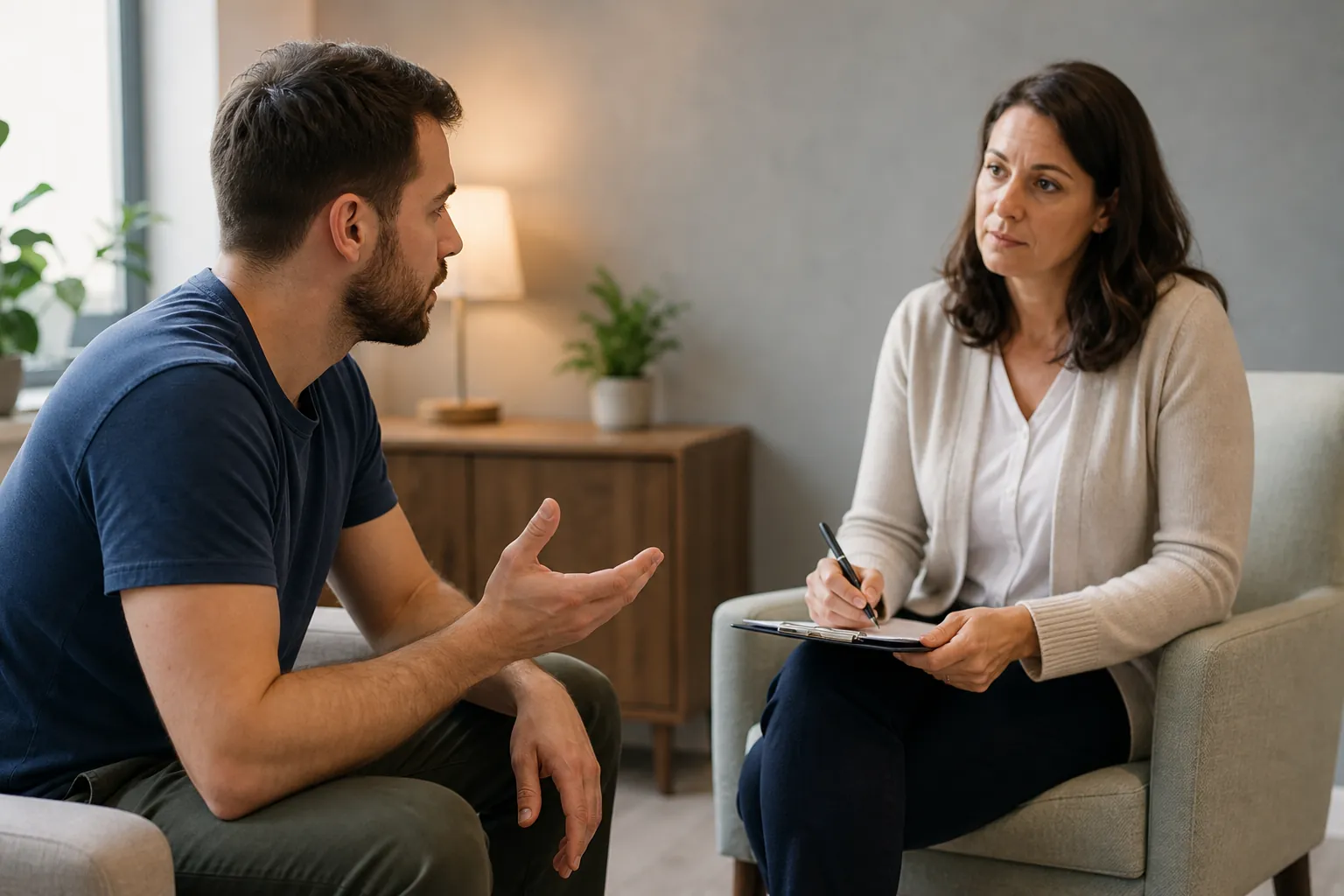 A seated man gestures while speaking to a woman who listens with a pen and clipboard in a softly lit room.