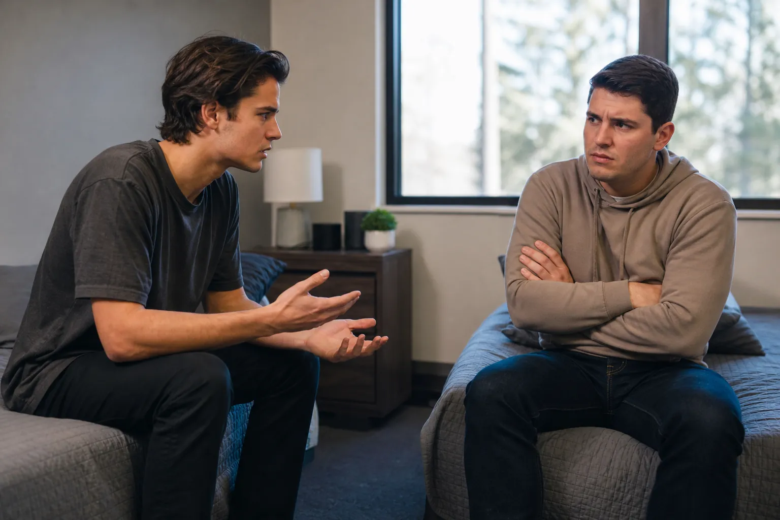 Two men sit on separate beds facing each other, one gesturing with open hands while the other listens with crossed arms.