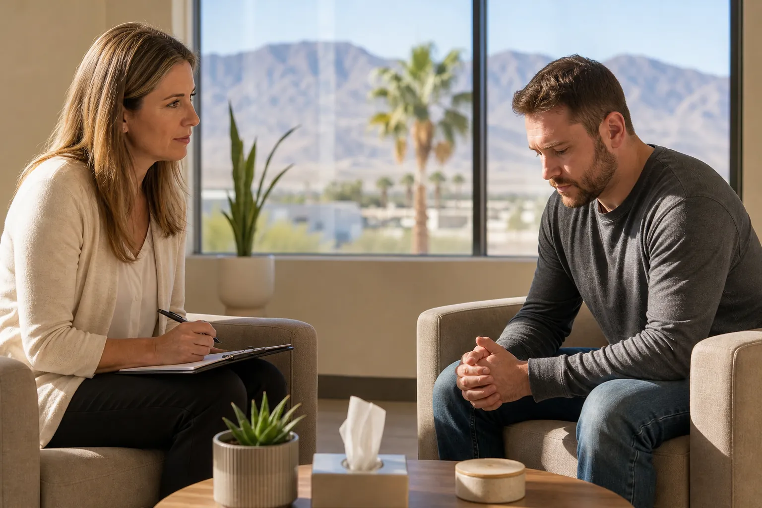 Counseling Session With Desert Mountain Views A woman holding a pen and clipboard sits opposite a man with clasped hands, with mountains and palm trees outside.