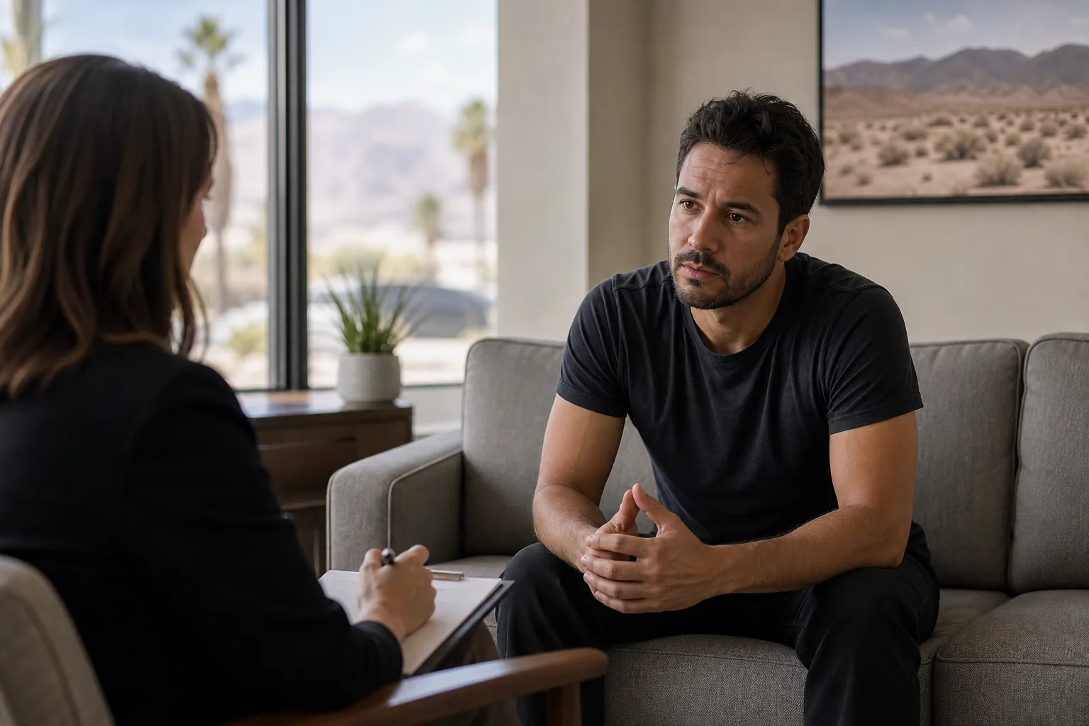 One-on-One Consultation in a Desert Setting A man sits on a gray sofa facing a woman holding a pen and clipboard, with palm trees visible through large windows.