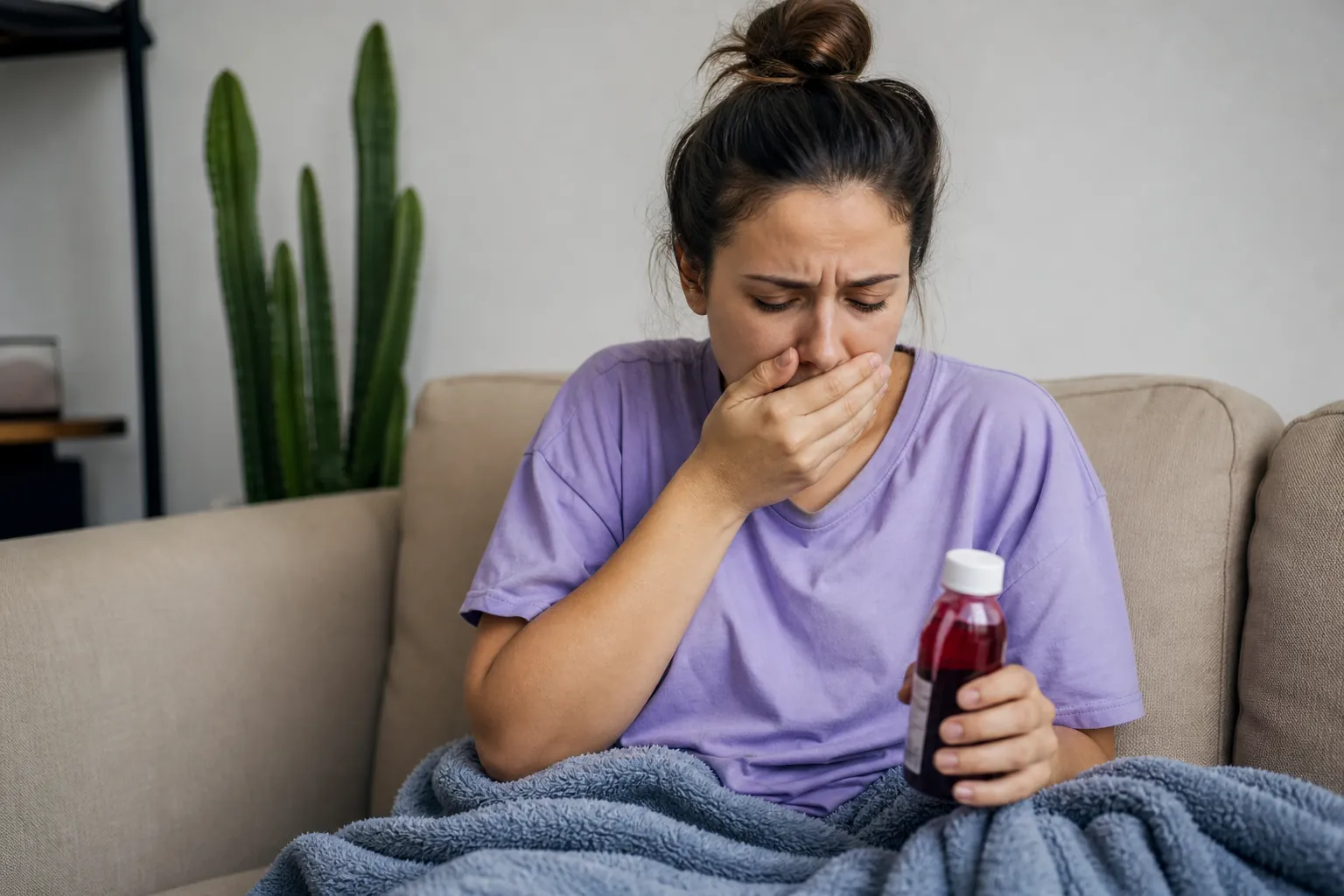Woman Covering Her Mouth While Holding Medicine A woman on a beige sofa covers her mouth while holding a bottle of red liquid, with a blue blanket across her lap.