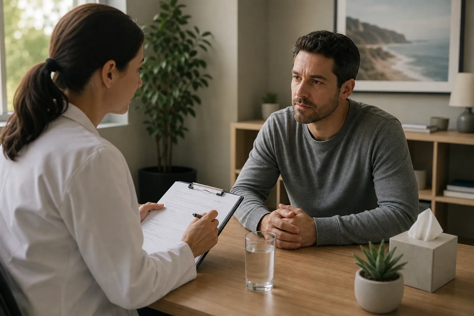 Clinician discussing treatment with a patient A clinician holding a clipboard speaks with a seated man across a desk in a calm consultation room.