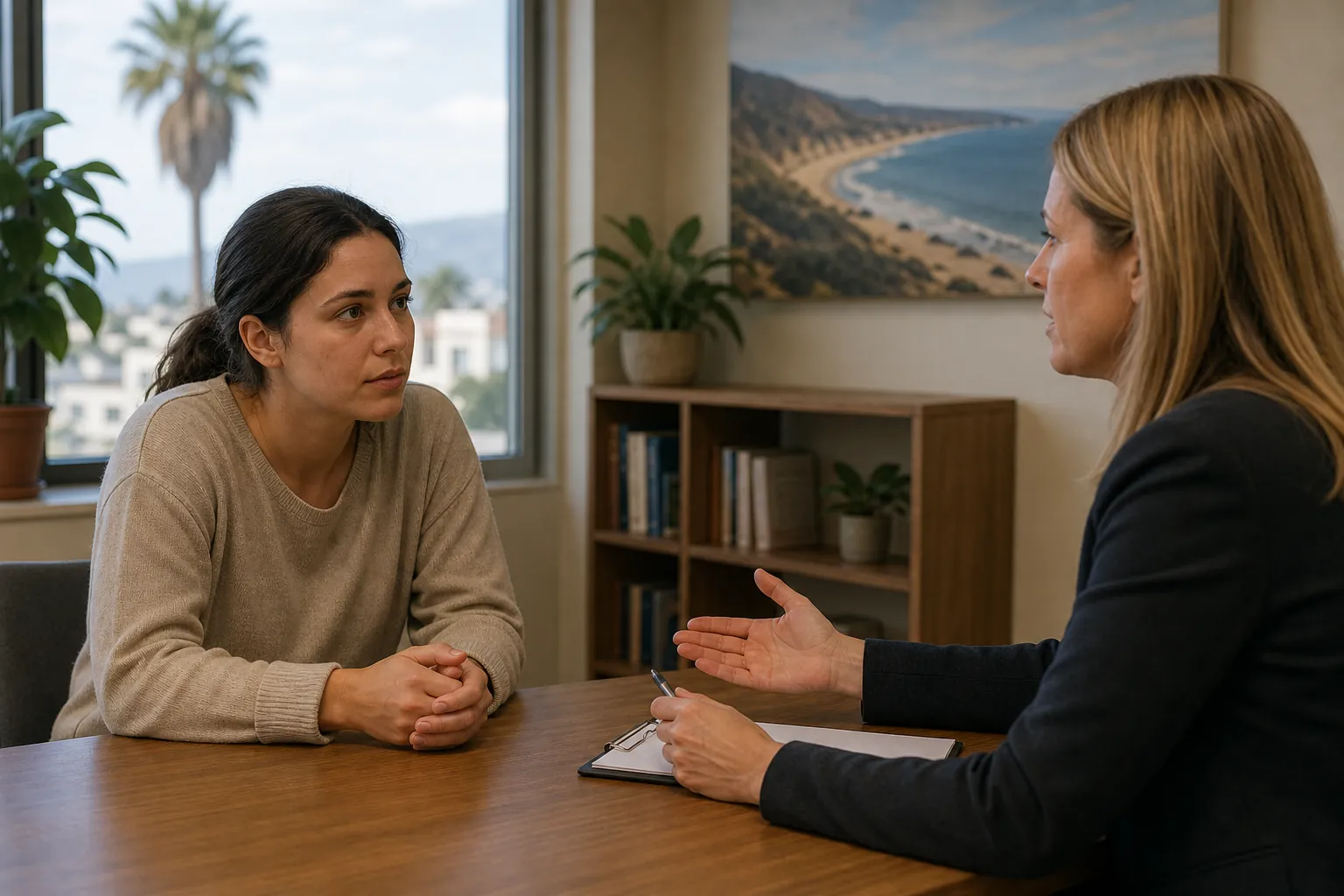 Counselor Discussing Treatment Decisions With a Patient A counselor with a clipboard speaks with a woman across a desk in an office with a California coastal scene.