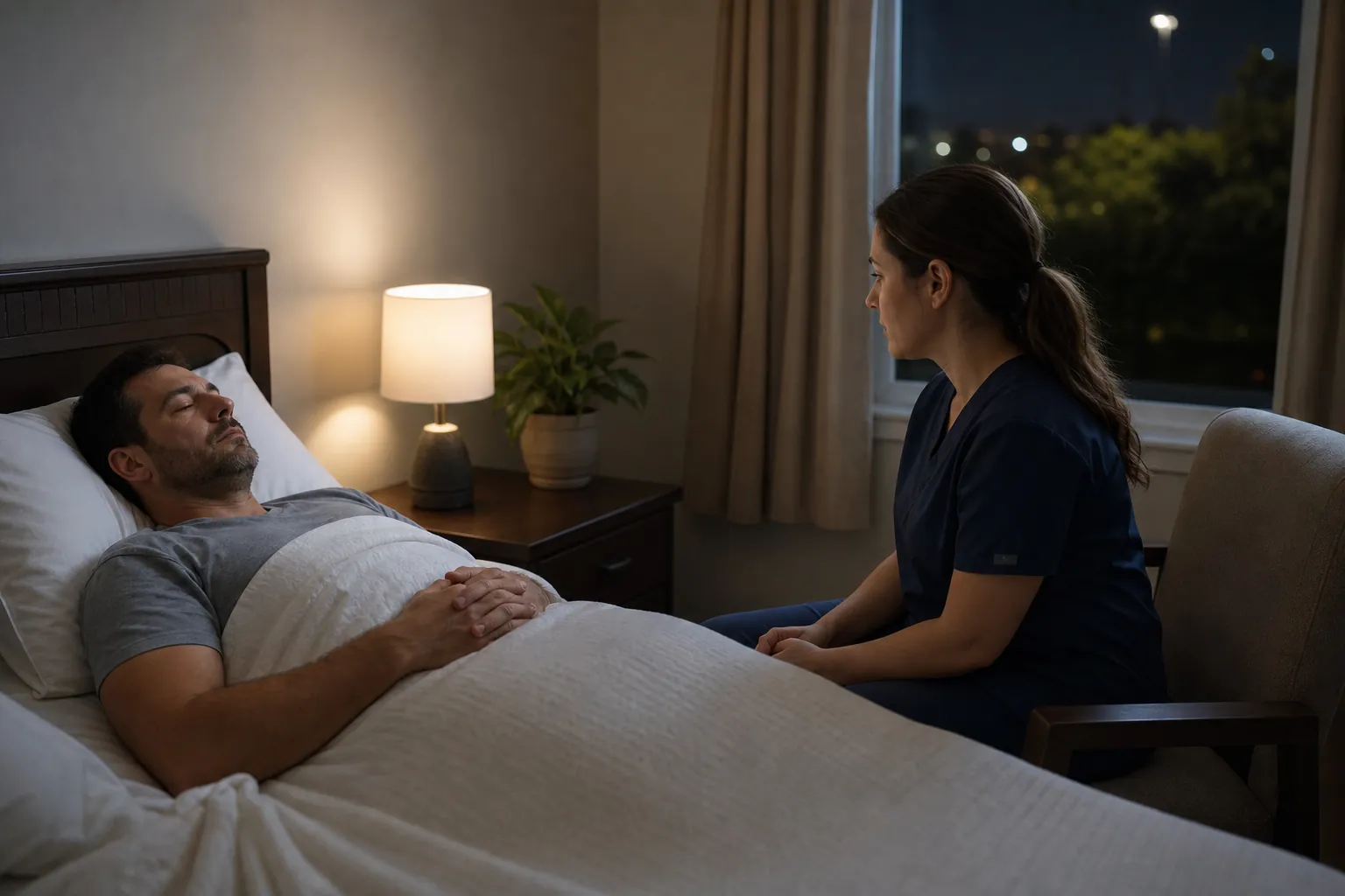 A nurse sits beside a resting man in bed, monitoring him in a softly lit room at night.