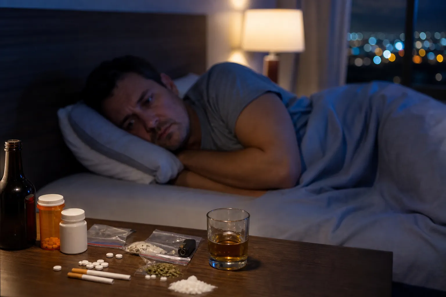 A worried man lies awake in bed beside a table holding alcohol, pill bottles, loose tablets, powders, and drug packets.