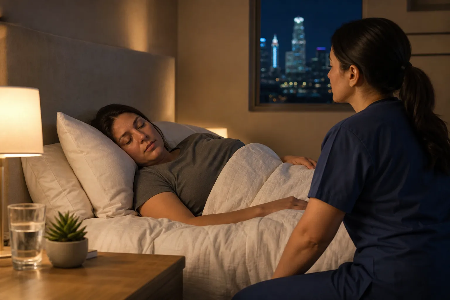 A caregiver in navy scrubs monitors a sleeping patient in bed at night, with water on the bedside table.