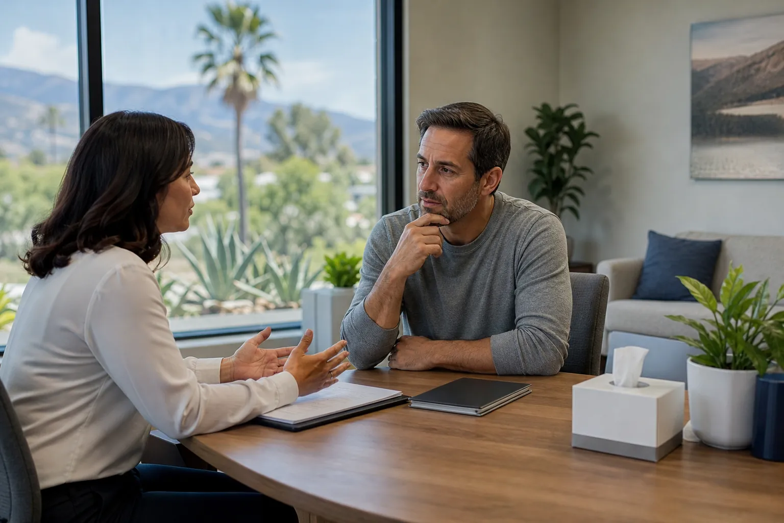 A woman gestures while speaking with a man across a wooden desk, with desert plants, palms and mountains outside the window. A woman gestures while speaking with a man across a wooden desk, with desert plants, palms and mountains outside the window.
