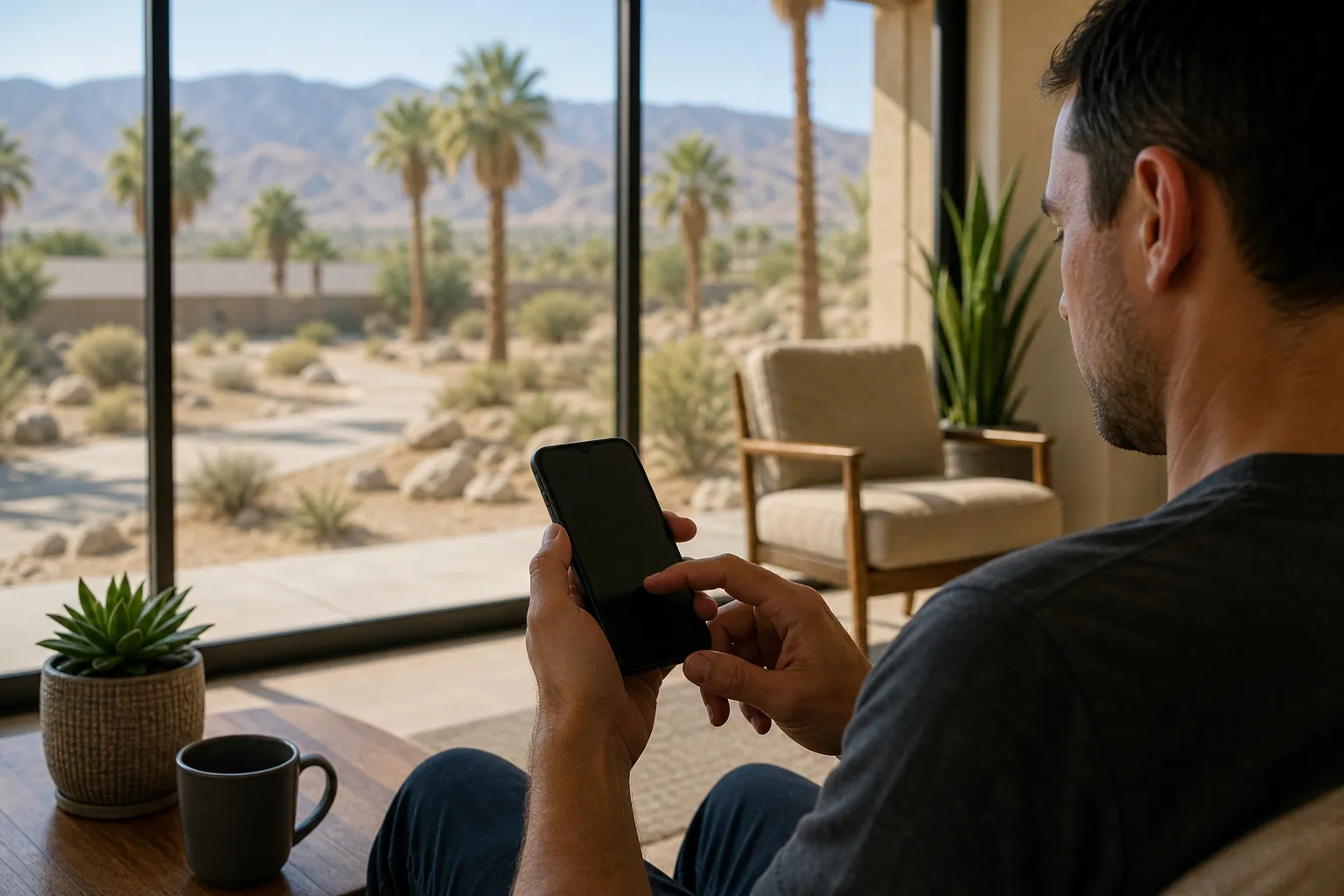 Man Using a Smartphone in a Desert Lounge A seated man uses a smartphone beside large windows overlooking desert landscaping, palm trees, and mountains.