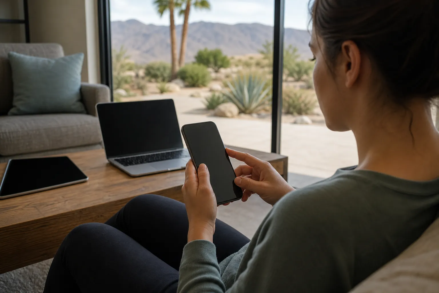 Woman Using a Smartphone Beside a Laptop and Tablet A seated woman holds a smartphone beside a laptop and tablet, with desert plants, palms, and mountains outside the window.
