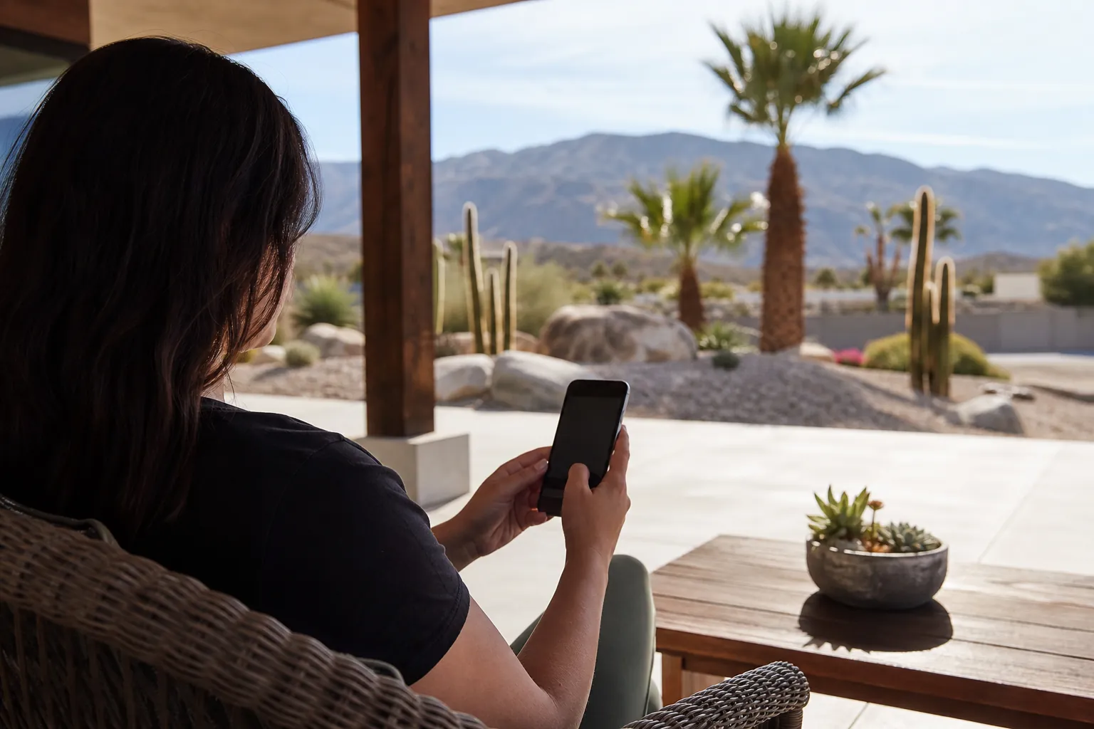 Smartphone Use on a Quiet Desert Patio A person seated on a shaded patio holds a smartphone overlooking palm trees, cacti, and desert mountains.