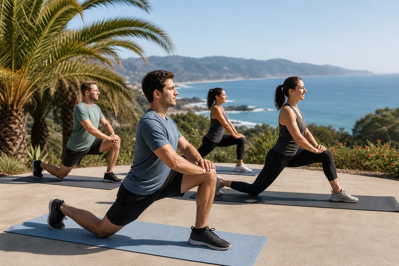 Four adults practice kneeling lunge stretches on exercise mats on a sunny coastal terrace with palm trees and ocean views.