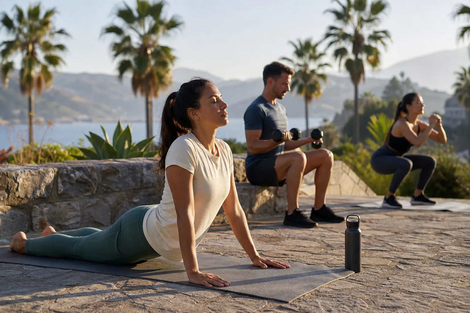 A woman stretches on a yoga mat while a seated man lifts dumbbells and another woman squats on a palm-lined terrace.