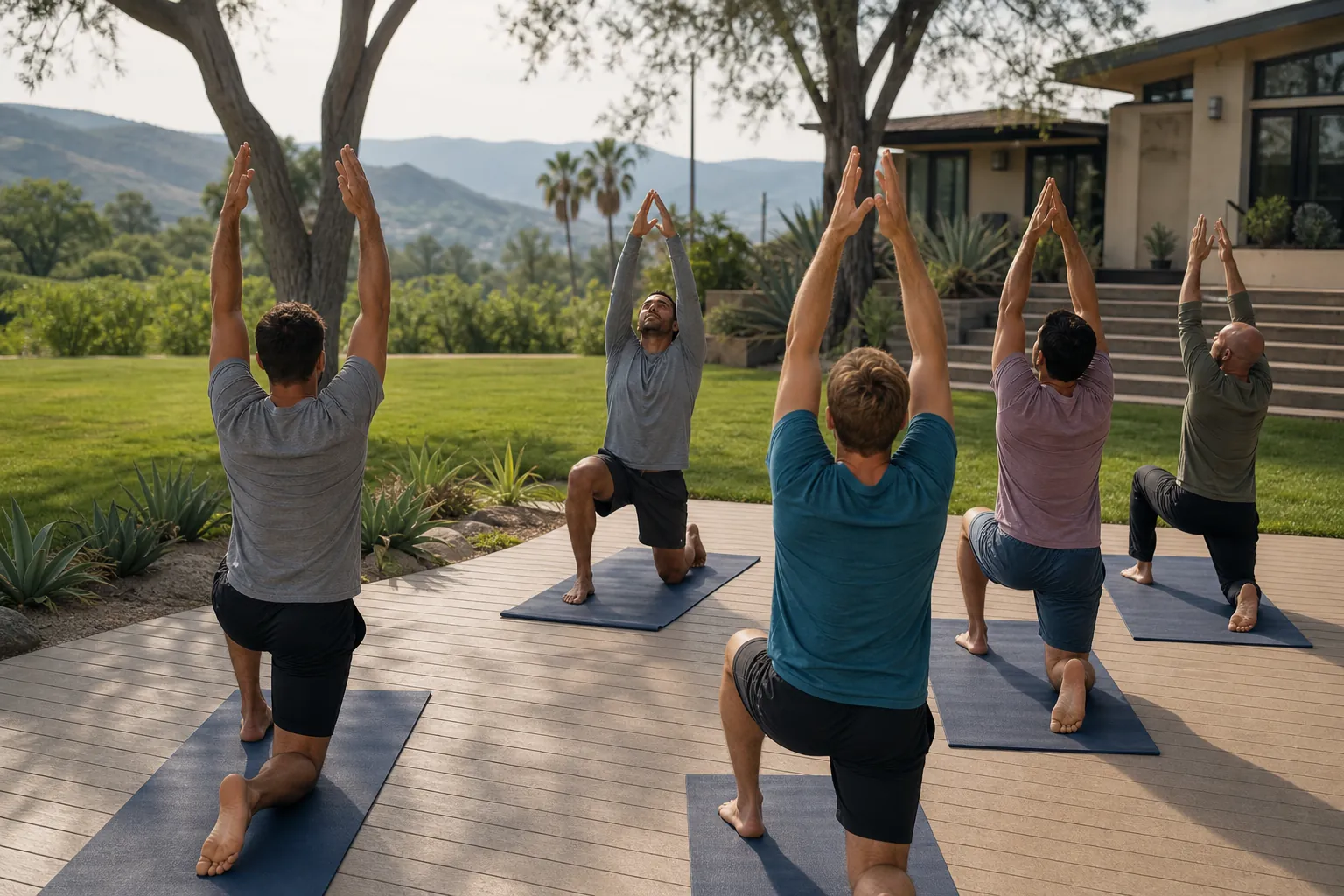 Five men practice kneeling yoga poses with arms raised on outdoor mats beside a lawn, trees and a modern building.