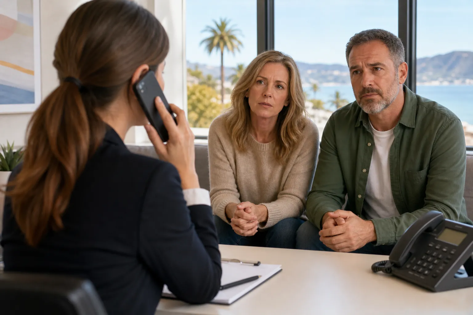 Counselor Takes a Call While Meeting With a Couple A counselor speaks by phone while a concerned couple sits across her desk in a bright office with a coastal view.