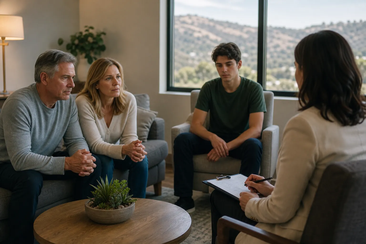 Family Meeting With a Counselor in a Rehab Setting A counselor takes notes while a young man and two older family members sit together in a bright therapy room.