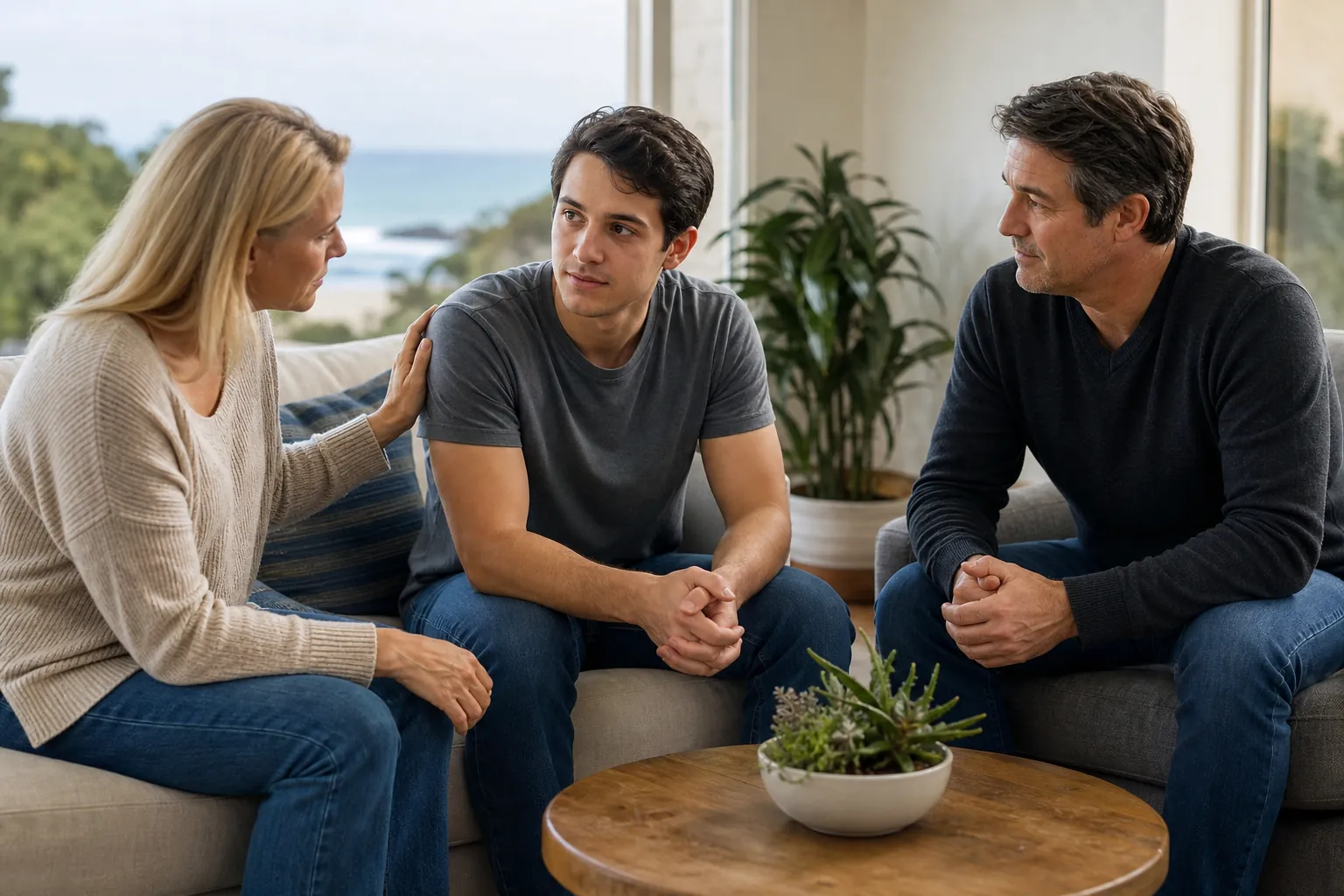 Family Discusses Support and Personal Boundaries A young man sits between a woman touching his shoulder and an attentive man during a serious family conversation.