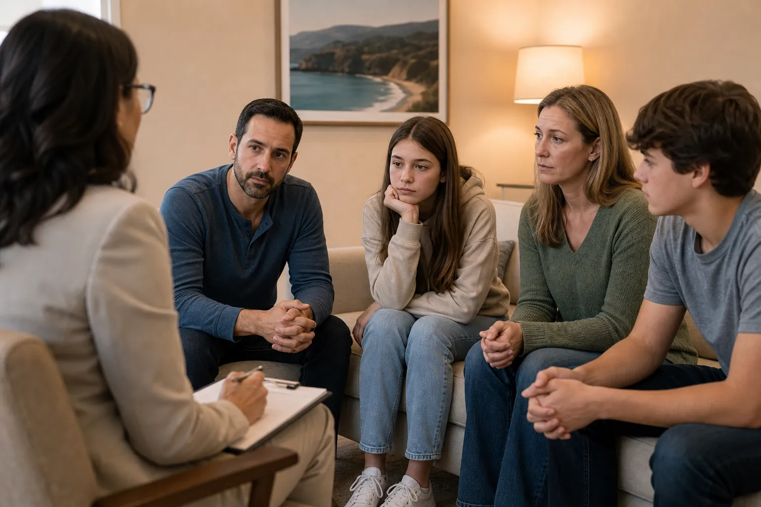 A counselor holding a clipboard meets with two adults and two teenagers seated together on a couch in a warmly lit office.
