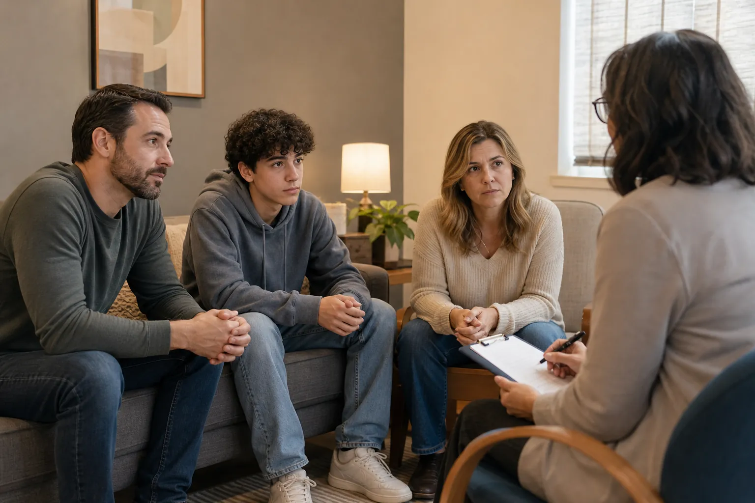A man, teenage boy, and woman sit facing a counselor holding a clipboard during a family counseling session.