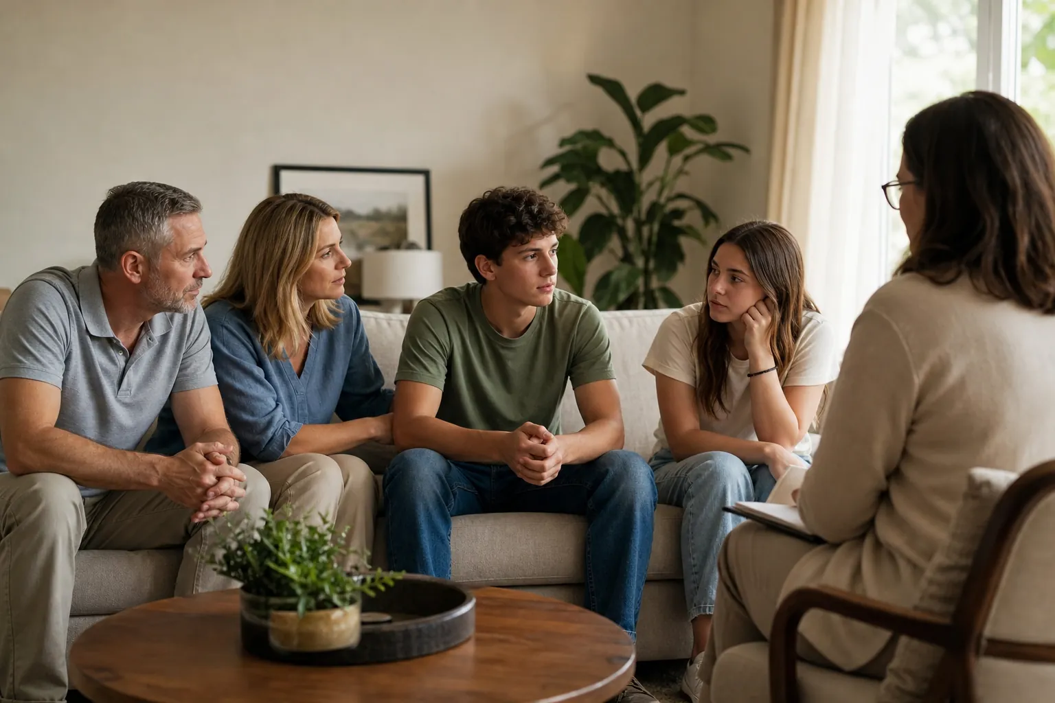 Four family members sit together on a sofa facing a counselor with a notebook in a bright, comfortably furnished room.