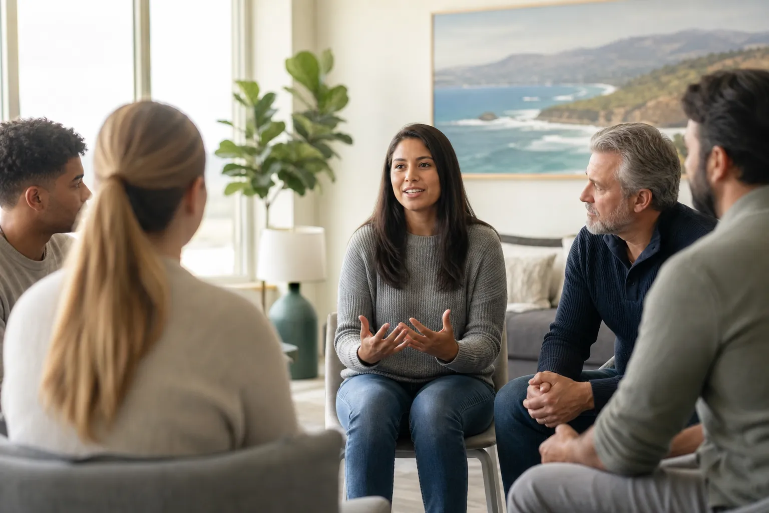 Five adults sit in a circle during a group counseling session in a bright, comfortable treatment setting.