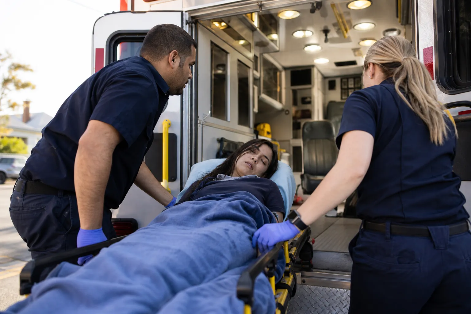 Two emergency responders load an unconscious woman on a covered stretcher into an ambulance.