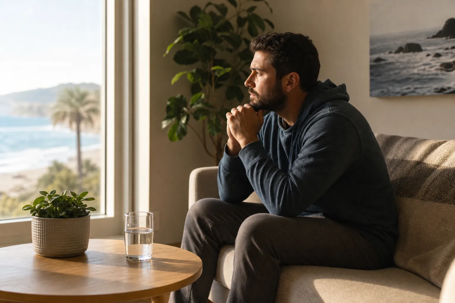 A contemplative man sits on a sofa with clasped hands beside a glass of water, overlooking a sunny California beach.