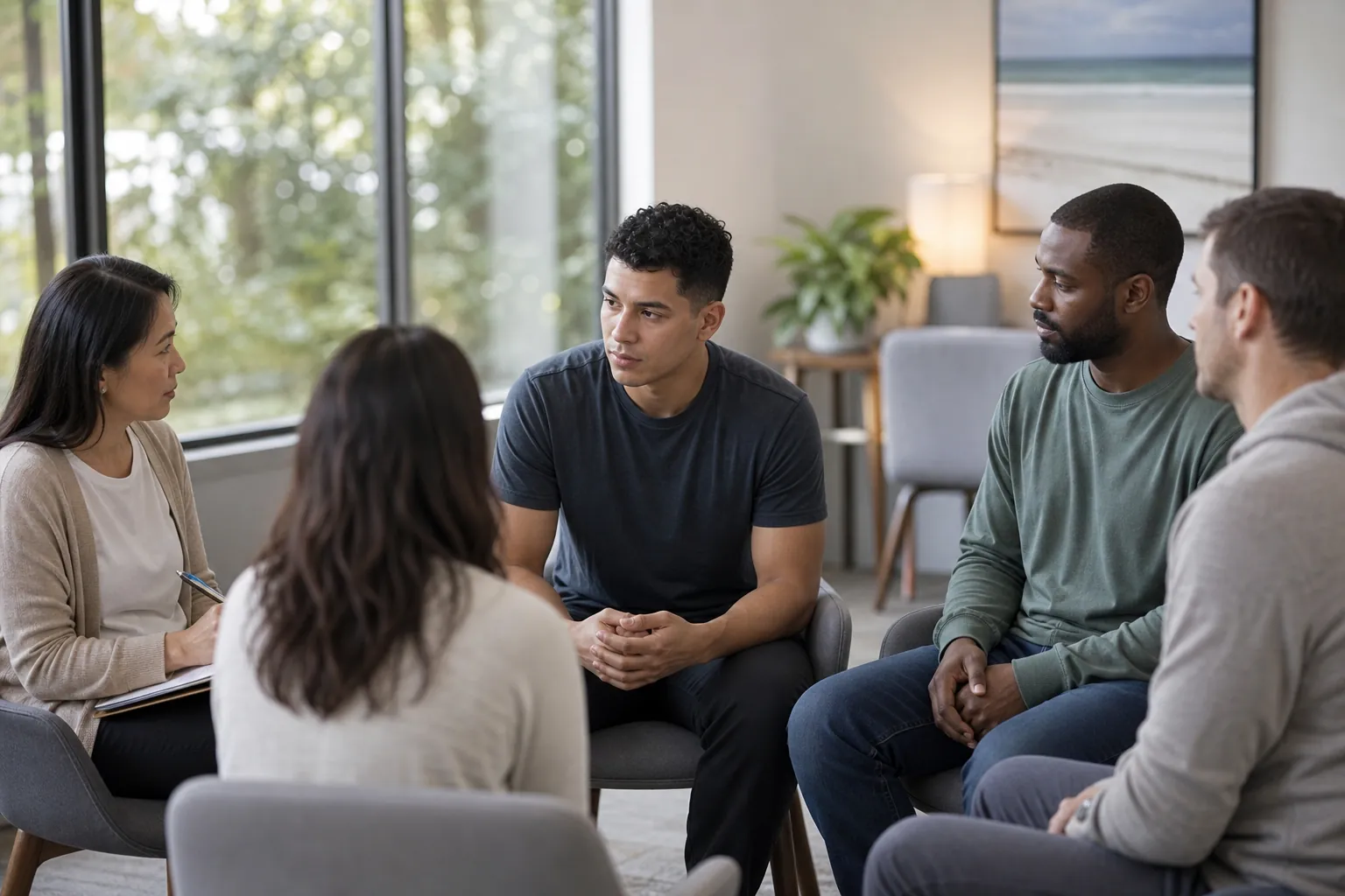 Five adults sit in a circle during a group counseling session in a bright, comfortable treatment setting.