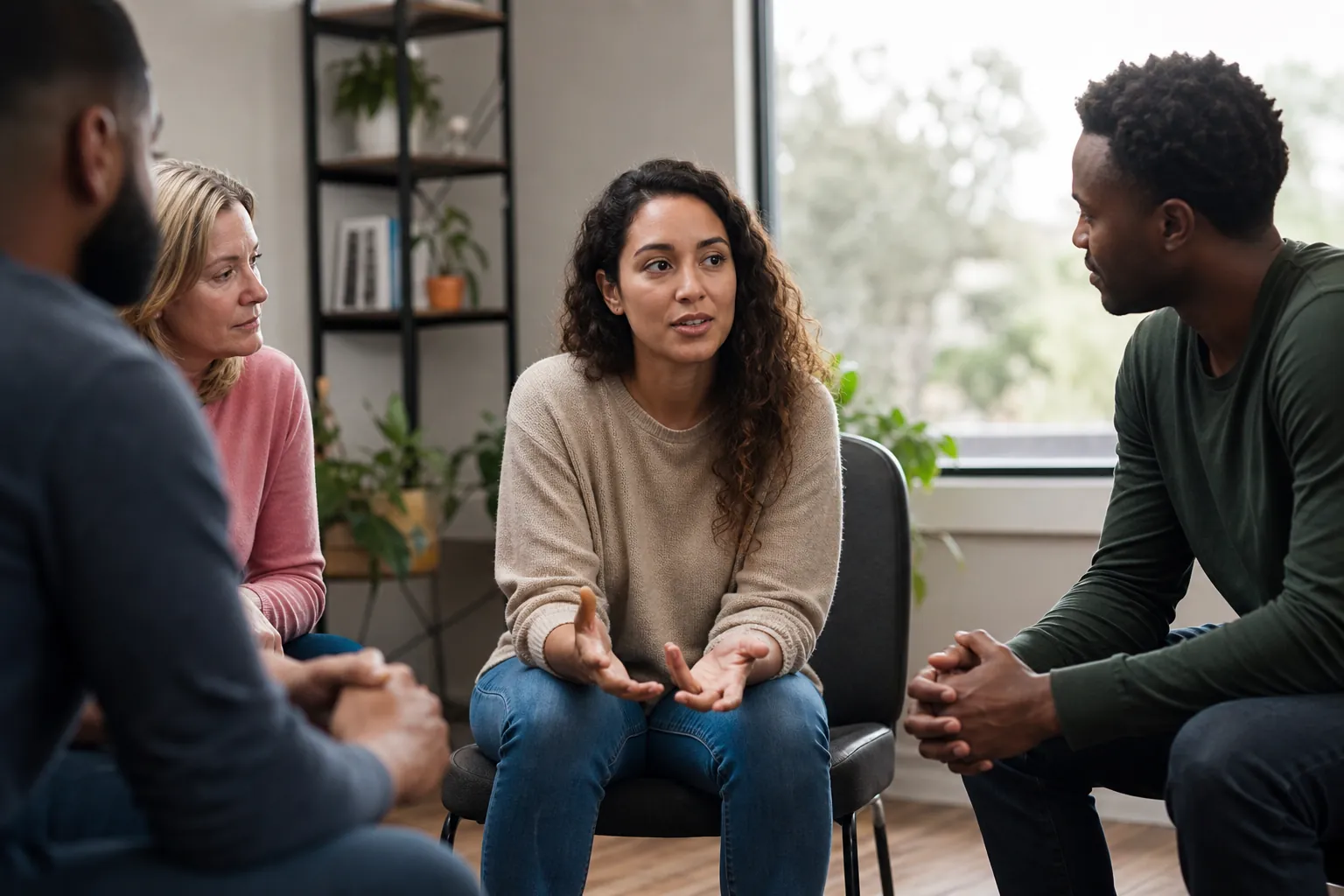 Four adults sit in a circle as a woman speaks during a group counseling or addiction treatment session.