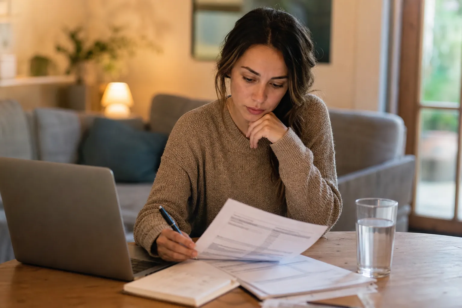 Woman Reviewing Leave Eligibility Paperwork at Home Woman reviews paperwork and takes notes beside a laptop and glass of water at a home dining table.