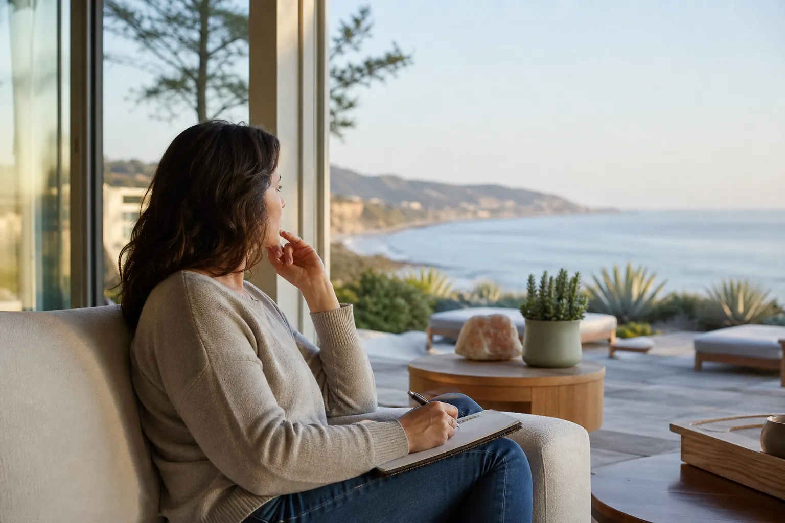 Woman Reflecting and Taking Notes Before Rehab Leave Woman seated by a coastal window, holding a pen over a notebook while looking thoughtfully toward the ocean.