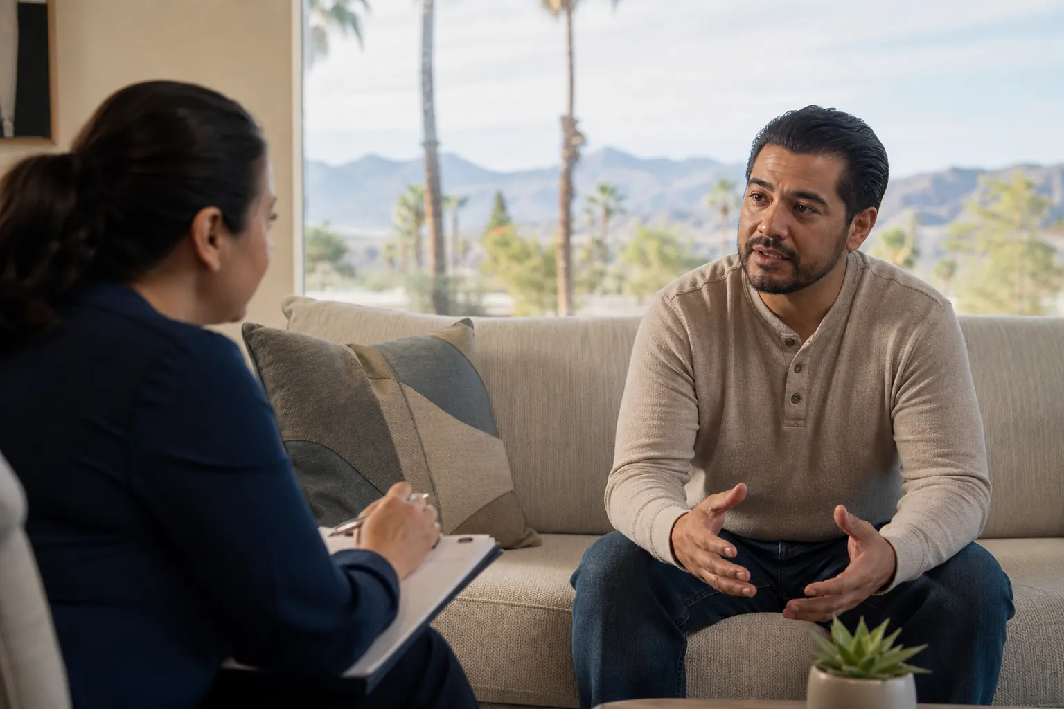 Counseling Conversation in a Desert Setting A man gestures while speaking with a woman holding a clipboard, with palm trees and mountains visible through a large window.