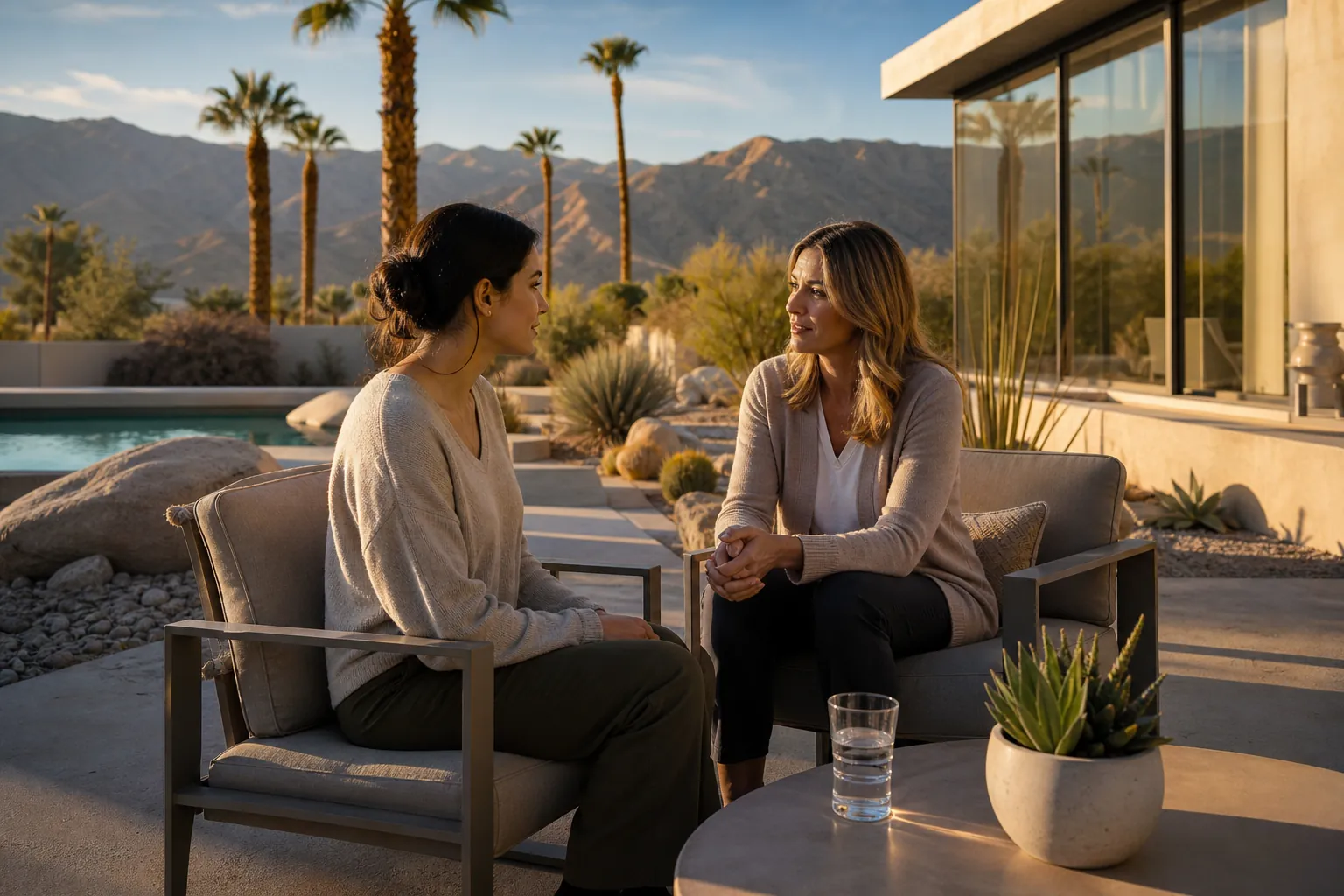 Two Women Talking on a Desert Patio Two women sit facing each other on a desert patio with palm trees, mountains, a pool, and a glass-walled building behind them.