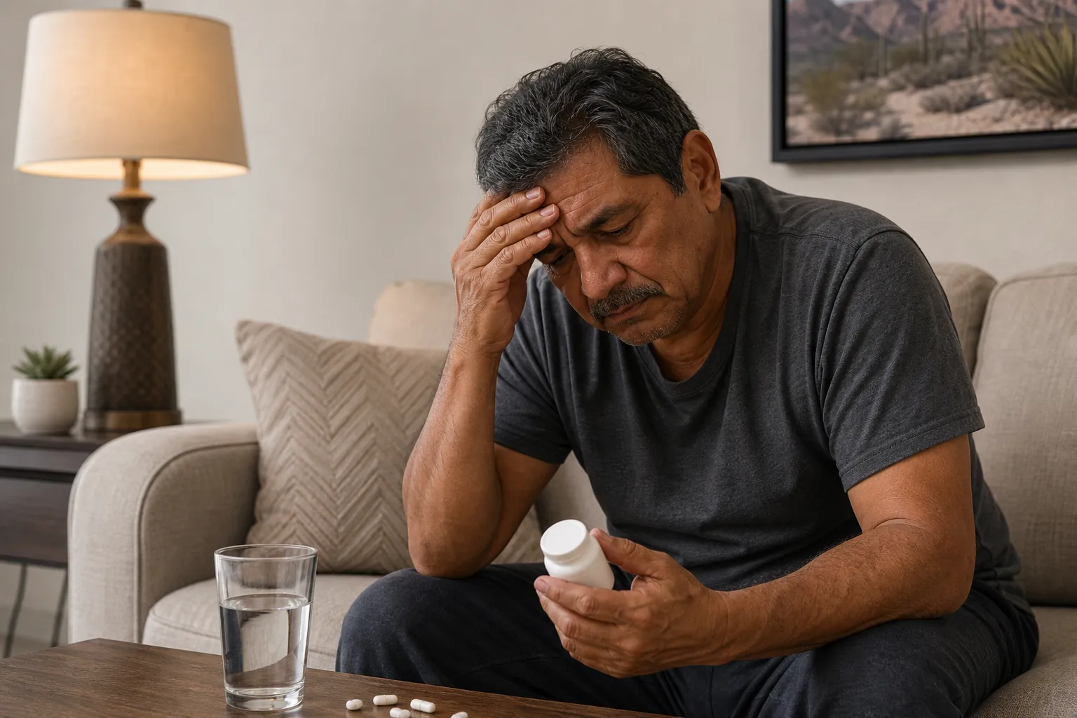 Man Holding Pill Bottle With Hand on Forehead A man sits on a sofa holding a white pill bottle and pressing his forehead, with loose pills and a glass of water on the table.