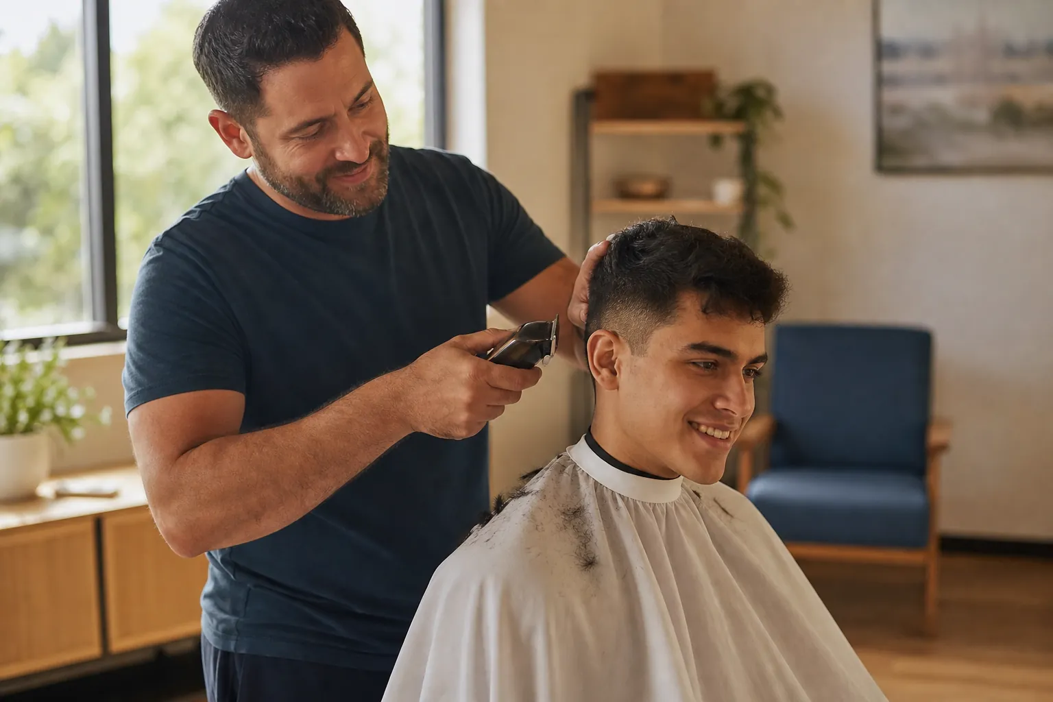 A man uses electric clippers to trim a smiling young man's hair as he wears a barber cape in a home-like room.