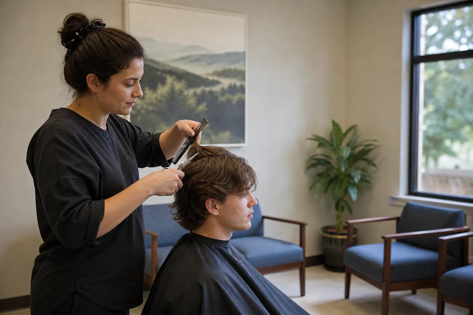 A hairstylist trims a seated man's hair in a comfortable treatment facility lounge with chairs and a large window.