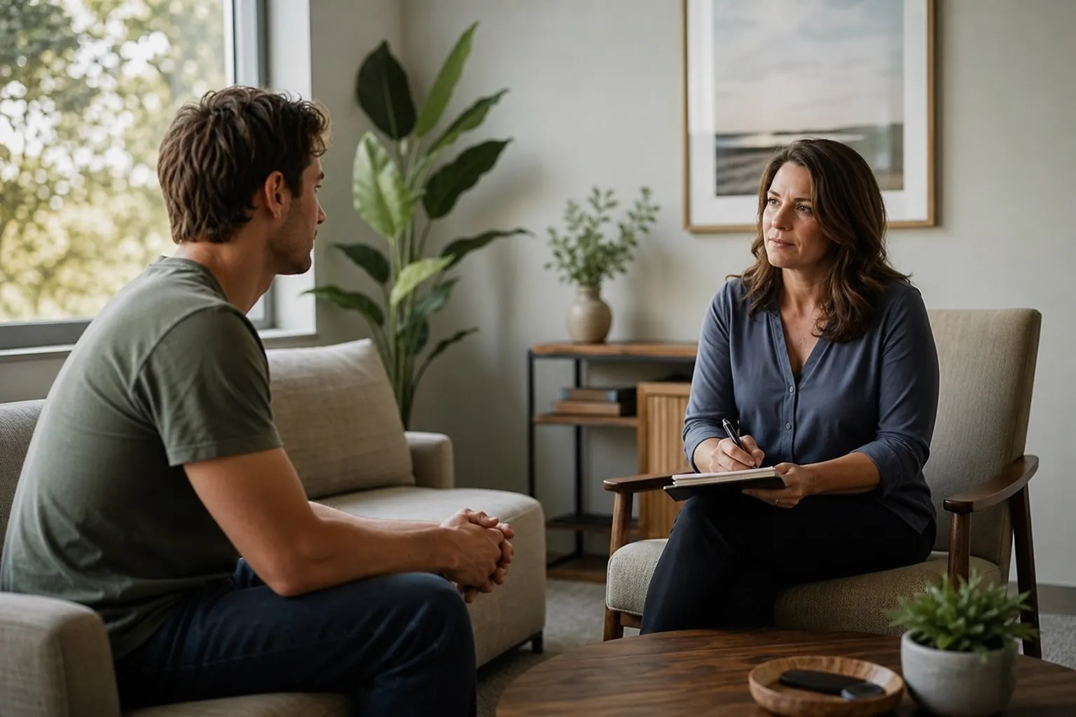 A man with short hair speaks with a woman holding a pen and clipboard in a bright, comfortable counseling room.
