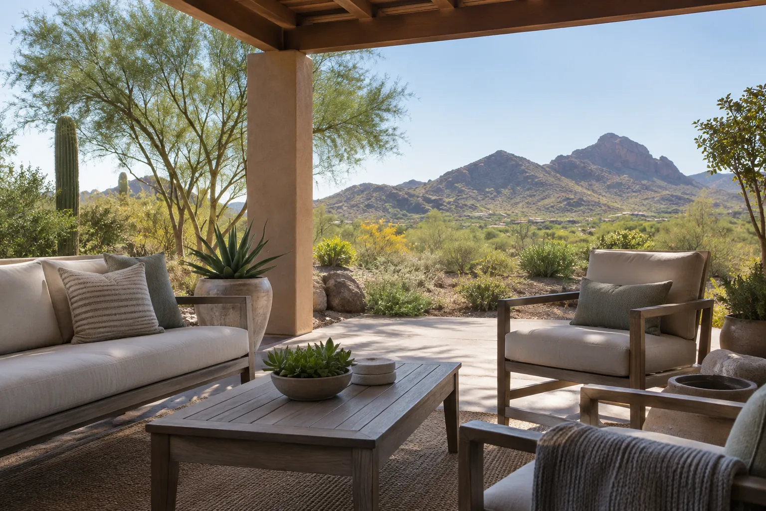 Covered Patio Overlooking Desert Mountains Covered patio with cushioned wooden seating, a coffee table, potted succulents, and views of cactus-filled desert and rocky mountains.
