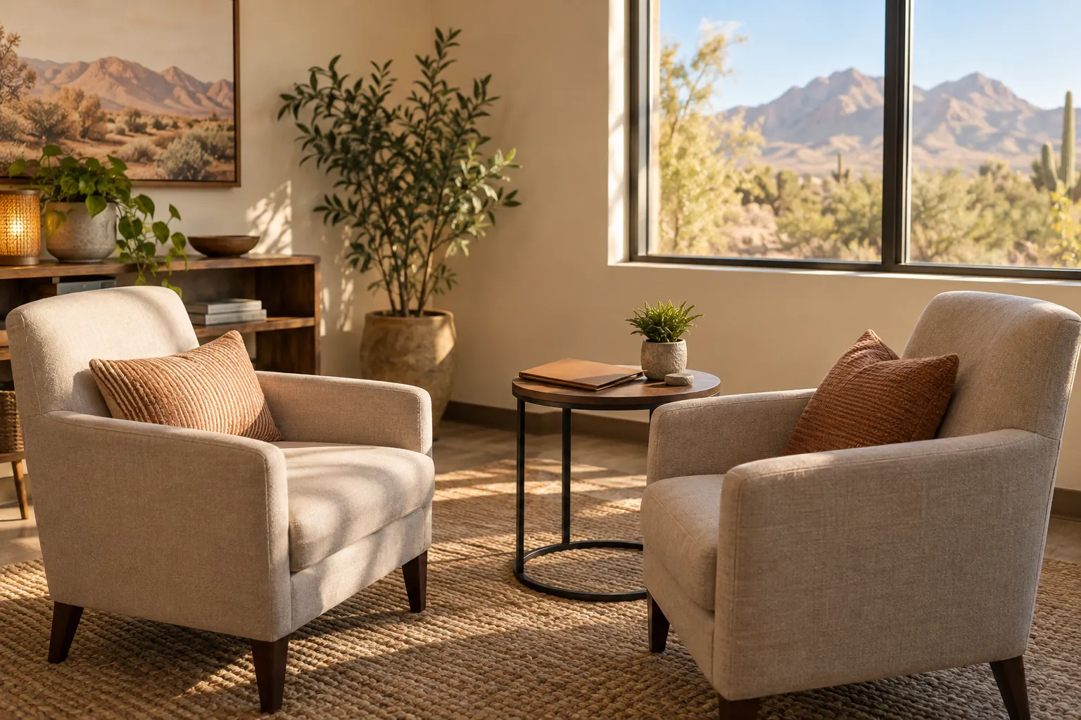 Sunlit sitting room with a desert mountain view Two beige armchairs with rust-colored cushions beside a small round table, with indoor plants and desert mountains visible through a large window.