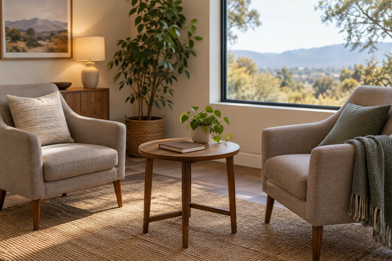 Sunlit sitting room with two armchairs Two beige armchairs beside a round wooden table with a book and potted plant, overlooking trees and distant hills through a large window.