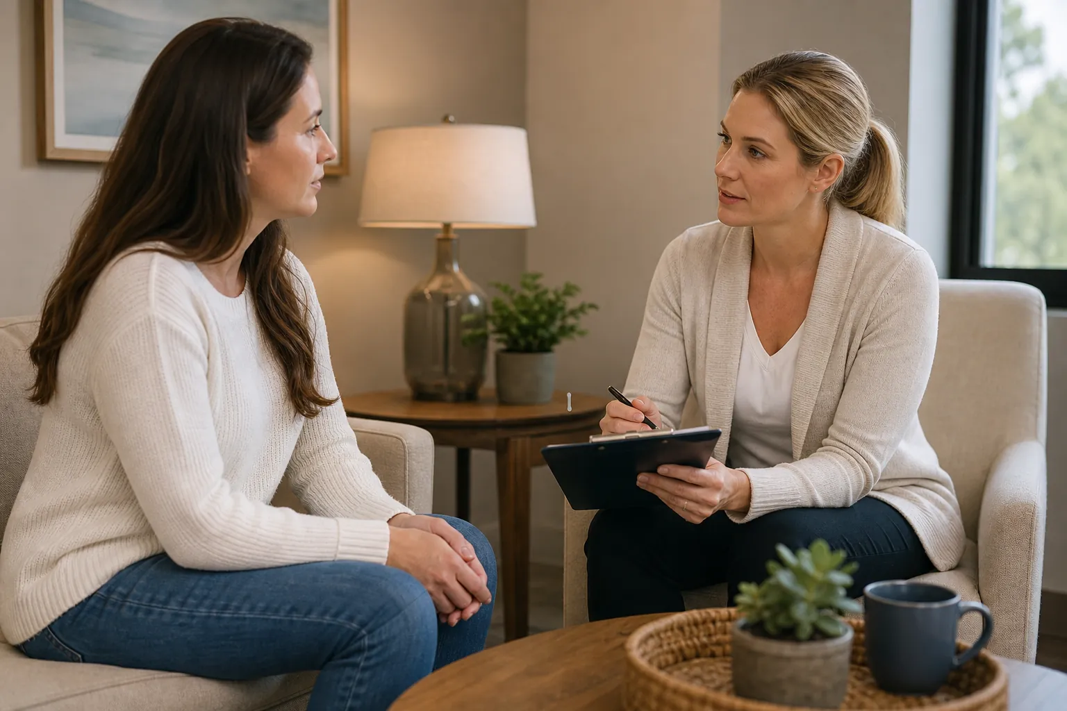 Patient Discusses Admission Questions With a Clinician A woman speaks with a clinician holding a pen and clipboard during a private consultation in a comfortable office.