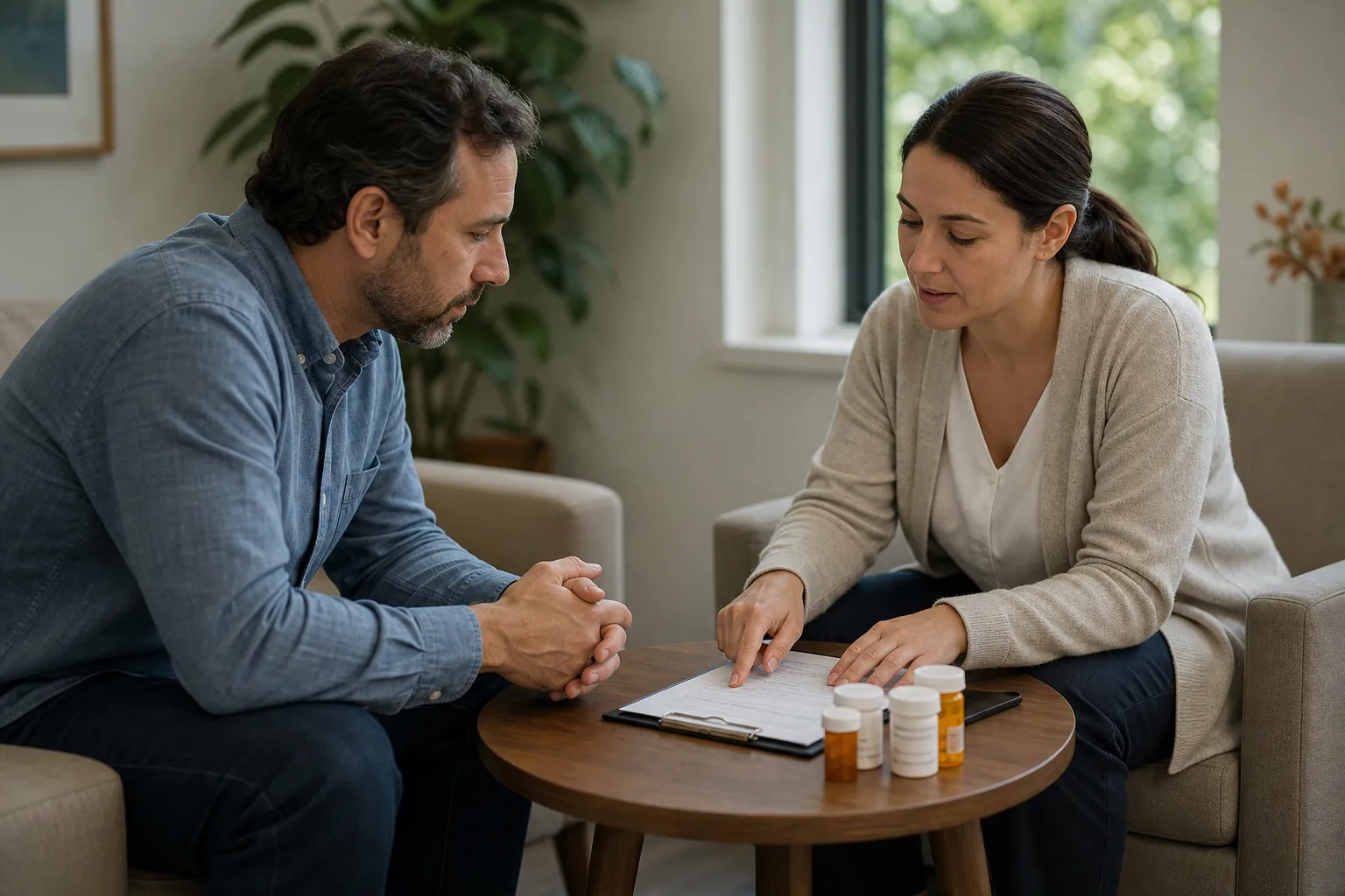 Reviewing a Complete Medication List Before Rehab A woman reviews a medication list with a man beside several prescription bottles on a table.