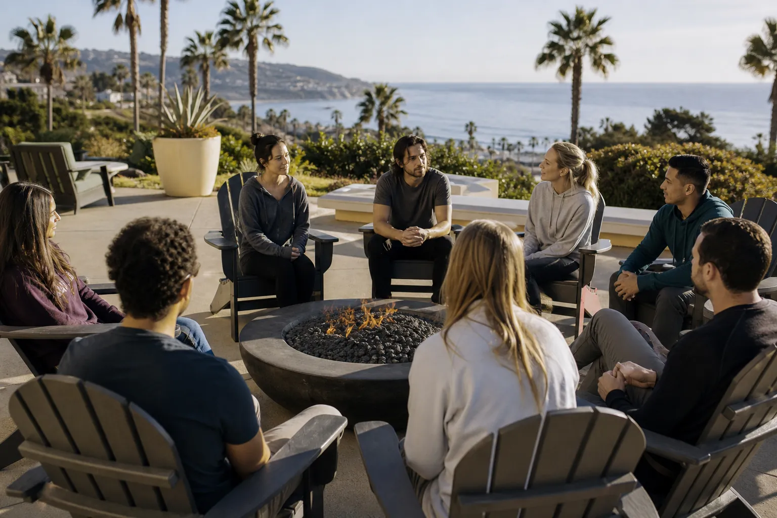 Coastal California rehab group therapy session Eight adults sit in a therapy group around a fire pit on a sunny coastal California patio lined with palm trees.