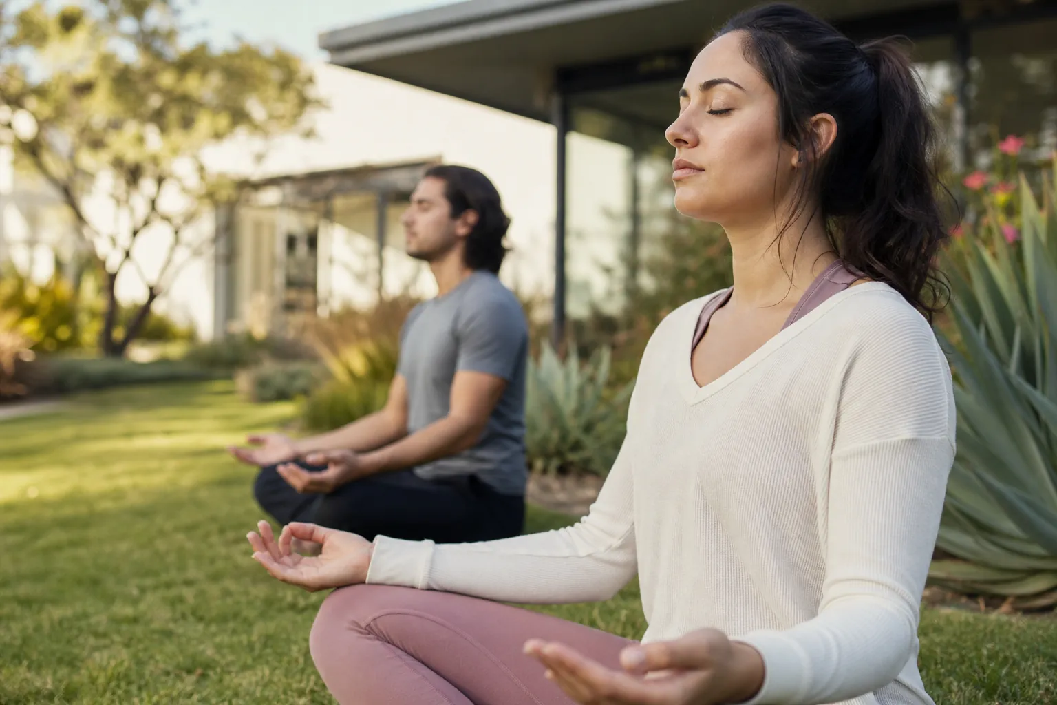 Residents Meditating Outdoors During a Structured Rehab Day Two adults sit cross-legged with eyes closed, meditating on a lawn outside a modern residential building.