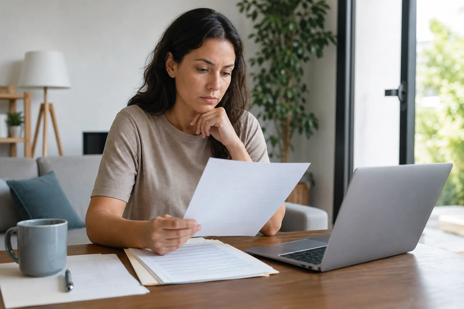 Concerned woman reviews health plan paperwork beside a laptop at her dining table in a bright home.
