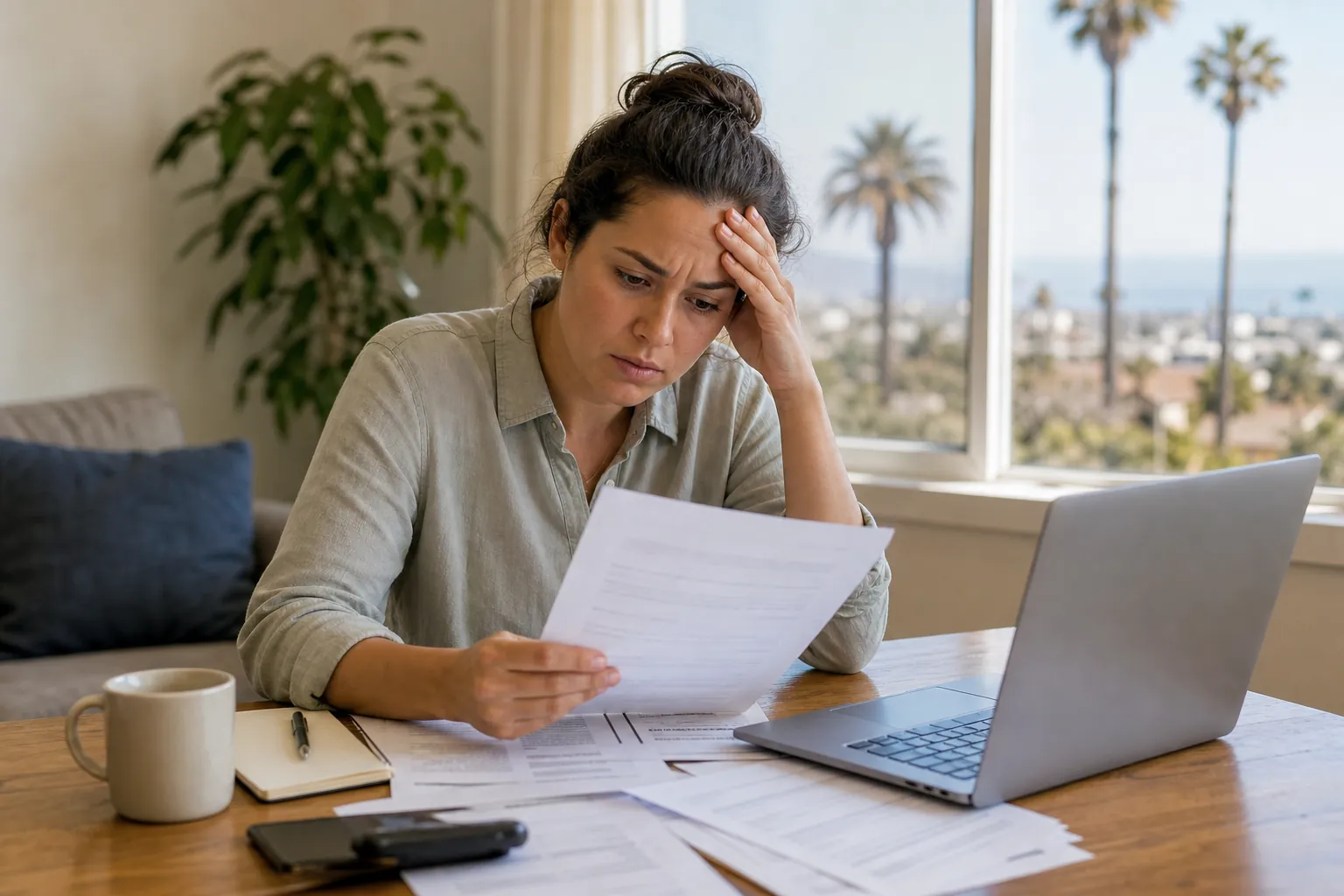 Worried woman reviews paperwork beside a laptop at a table, with palm trees and the California coast outside.