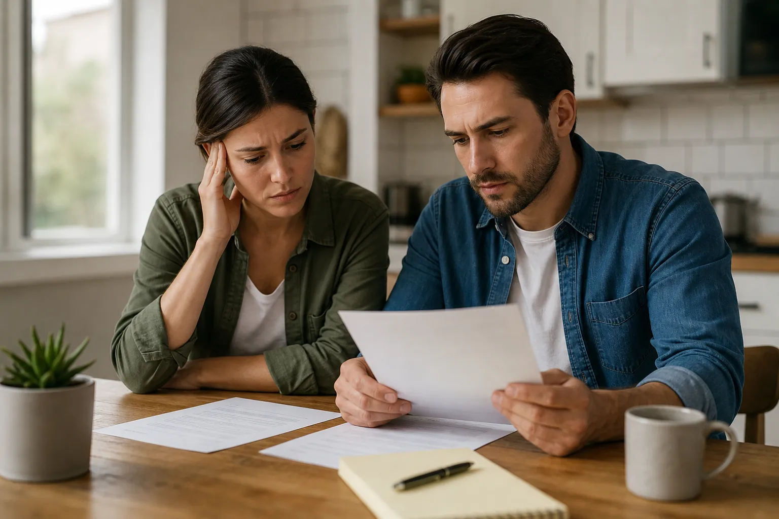 Concerned couple reviewing paperwork together at a kitchen table with a notebook, pen, mug, and documents.