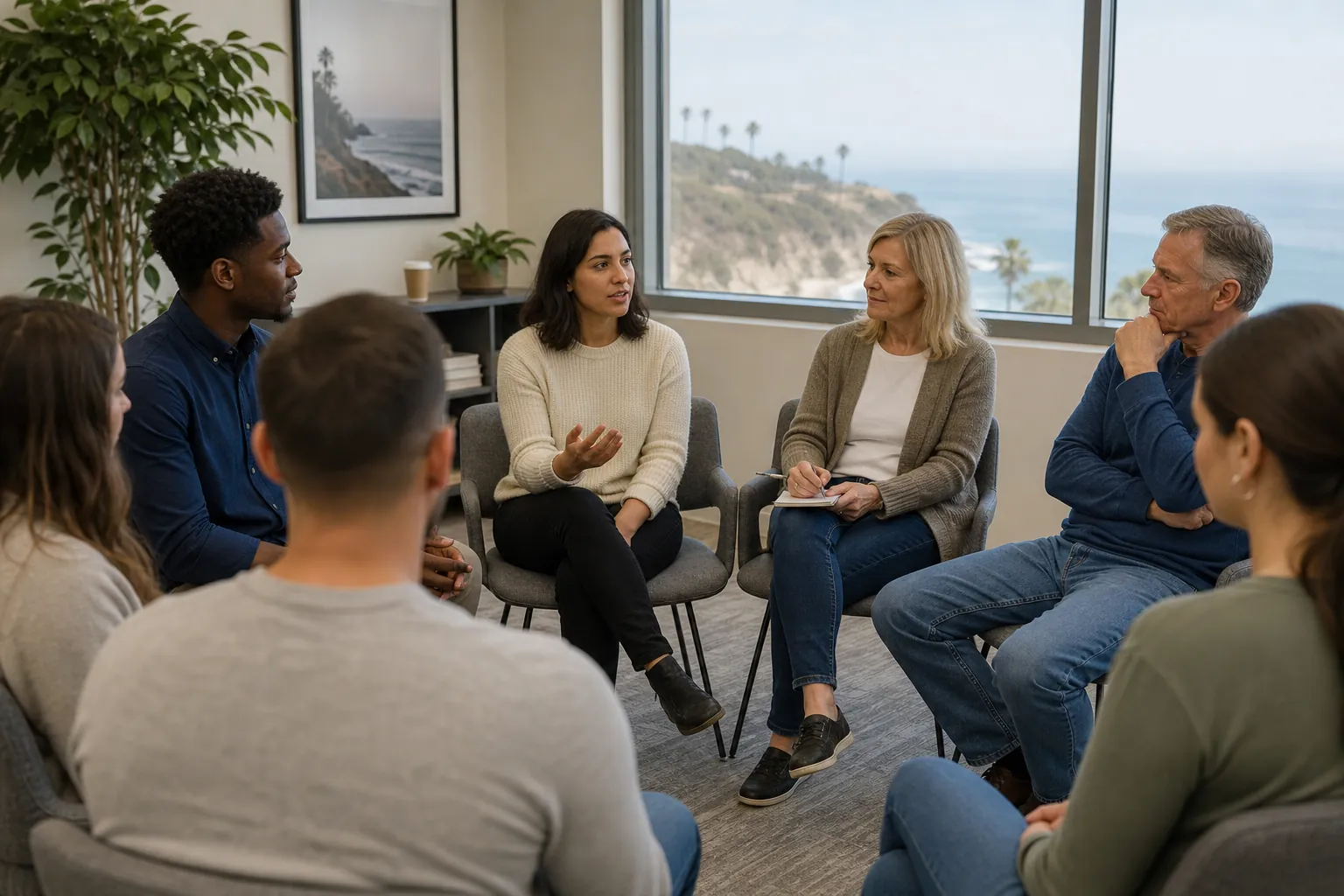 Seven adults sit in a circle during a group discussion in a bright room with ocean views, while one woman takes notes.