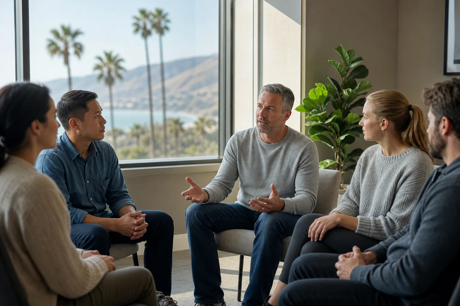 Five adults sit in a discussion circle as a man gestures, with palm trees, water and hills visible through large windows.